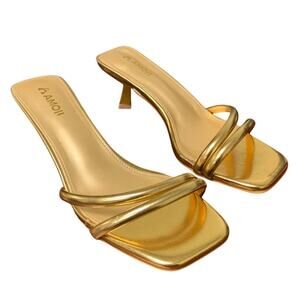 Upcycled Amoji Womens Size 8.5 Gold 2.5" Kitten Heels Two Strap Sandal Shoes